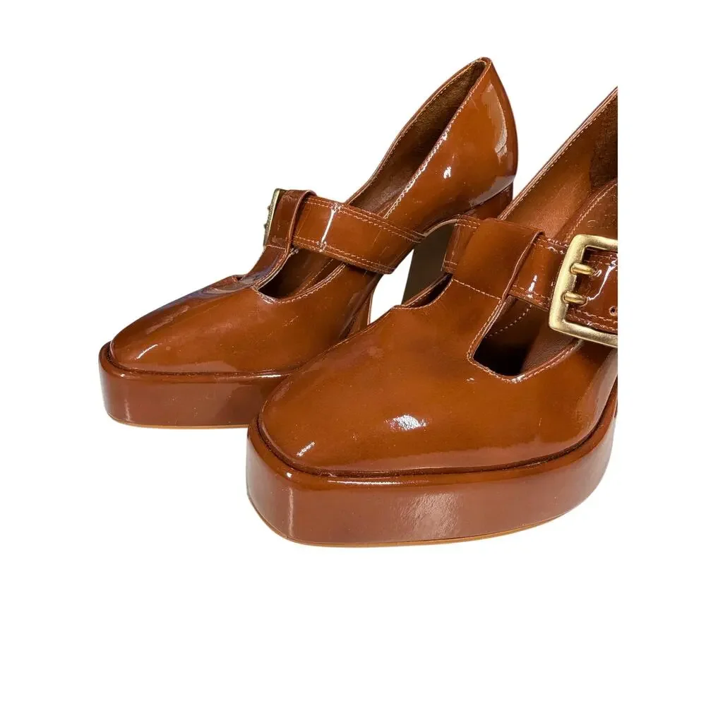 VINCE CAMUTO Marocean Platform Mary Jane Pump 6 Caramel Patent Leather Bratz
